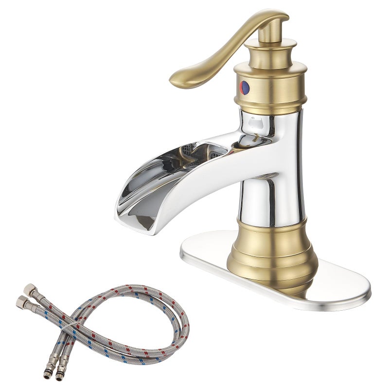 BWE Bathroom Faucet Waterfall Single Handle Chrome and Gold Vanity with Pop Up Drain Stopper with Overflow One Hole Lever Bath Sink Basin Restroom Mixer Tap Commercial Supply Line - Image 1